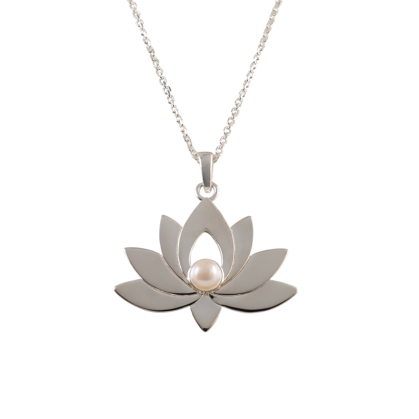 Sterling silver lotus flower necklace with freshwater pearl centre on chain