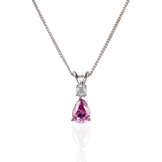 Pink moissanite necklace in sterling silver with pear-cut design