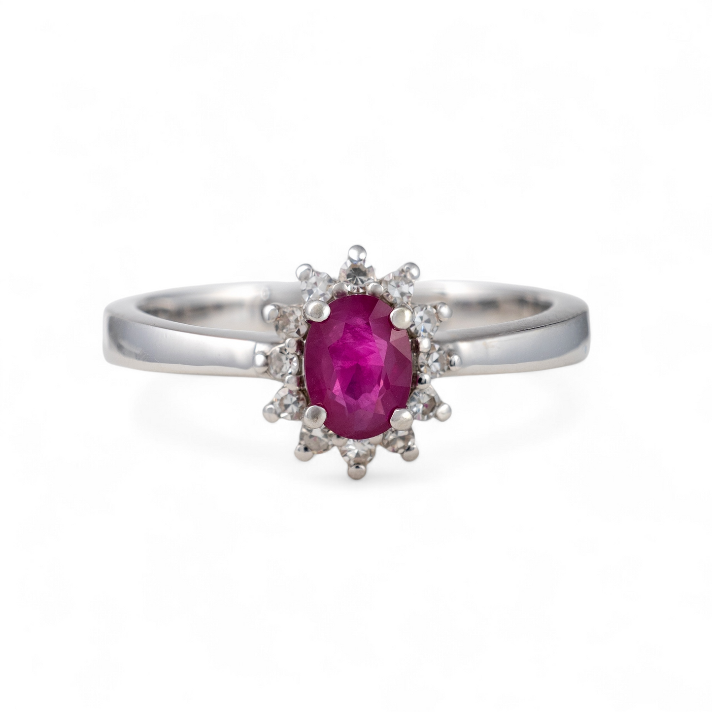 Ruby-Diamond-Halo-Ring-in-9Ct-White-Gold-Front-View hunters fine jewellery uk