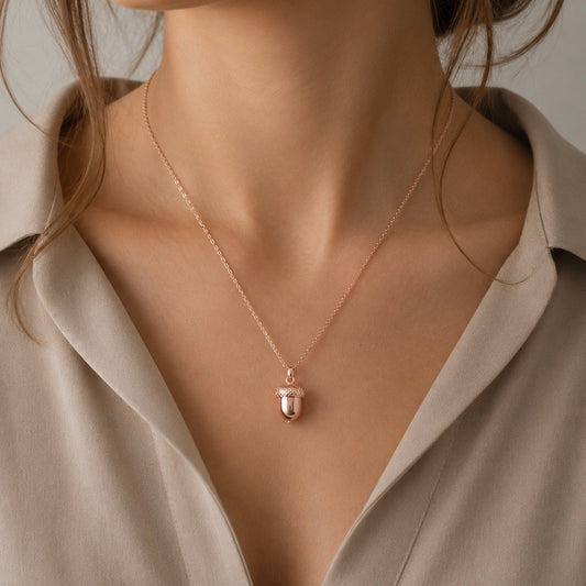 9ct Rose Gold Acorn Necklace – 375 Gold Symbol of Strength & Growth