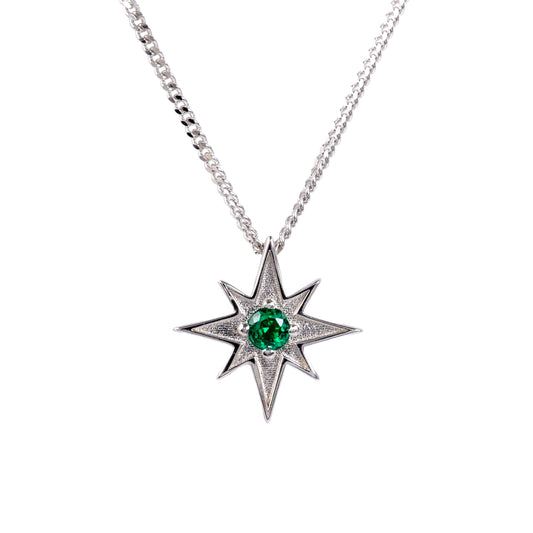 925 silver celestial star necklace with green gemstone on white background