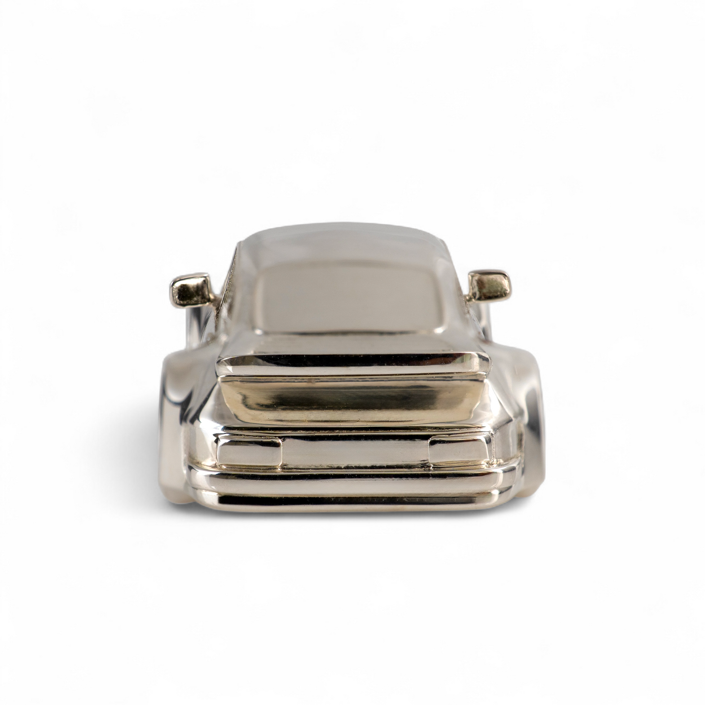 Rear view of sterling silver 911 miniature car showing detailed finish and classic Porsche lines