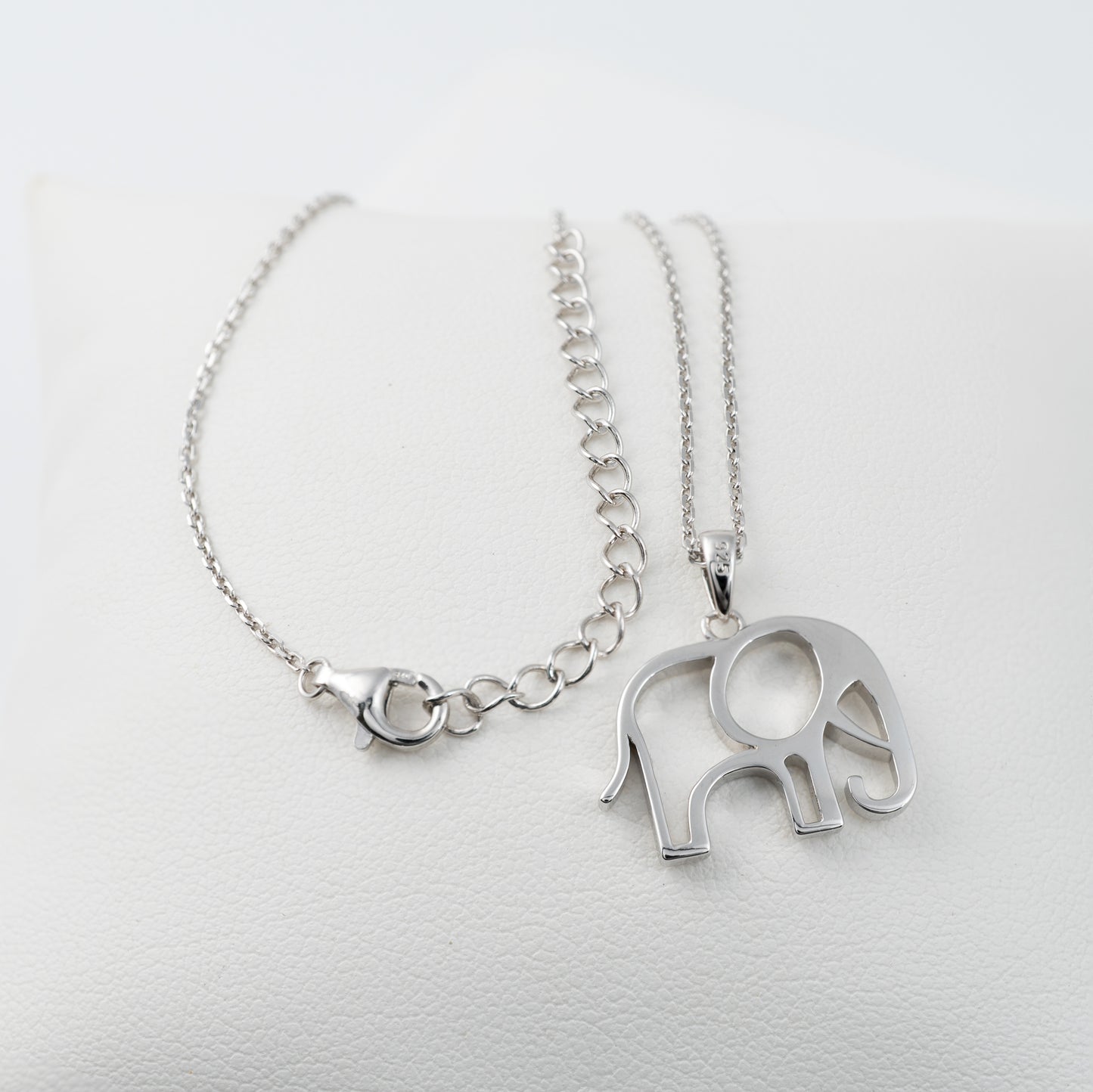 Silver elephant necklace with extended chain and modern clasp