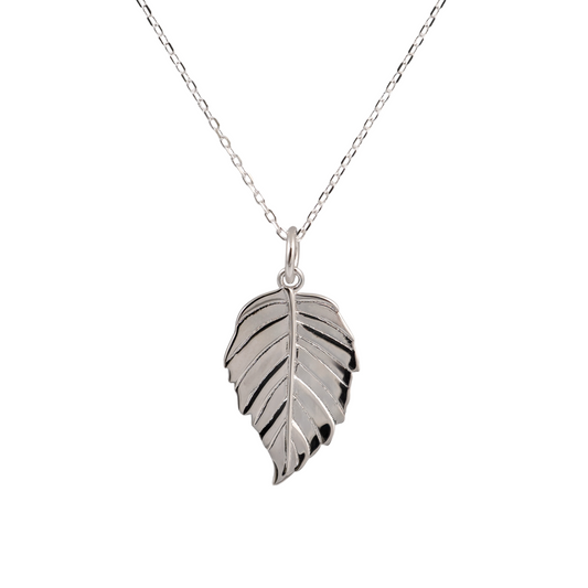 Silver leaf necklace pendant in polished 925 sterling silver white background