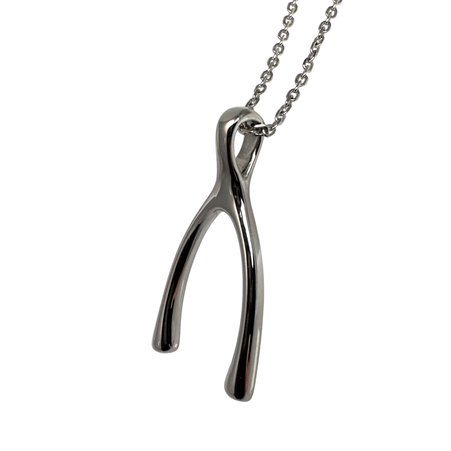 Side View of Silver Wishbone Necklace with Rhodium Finish