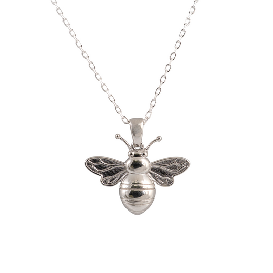 Silver bee pendant necklace front – polished 925 charm on chain
