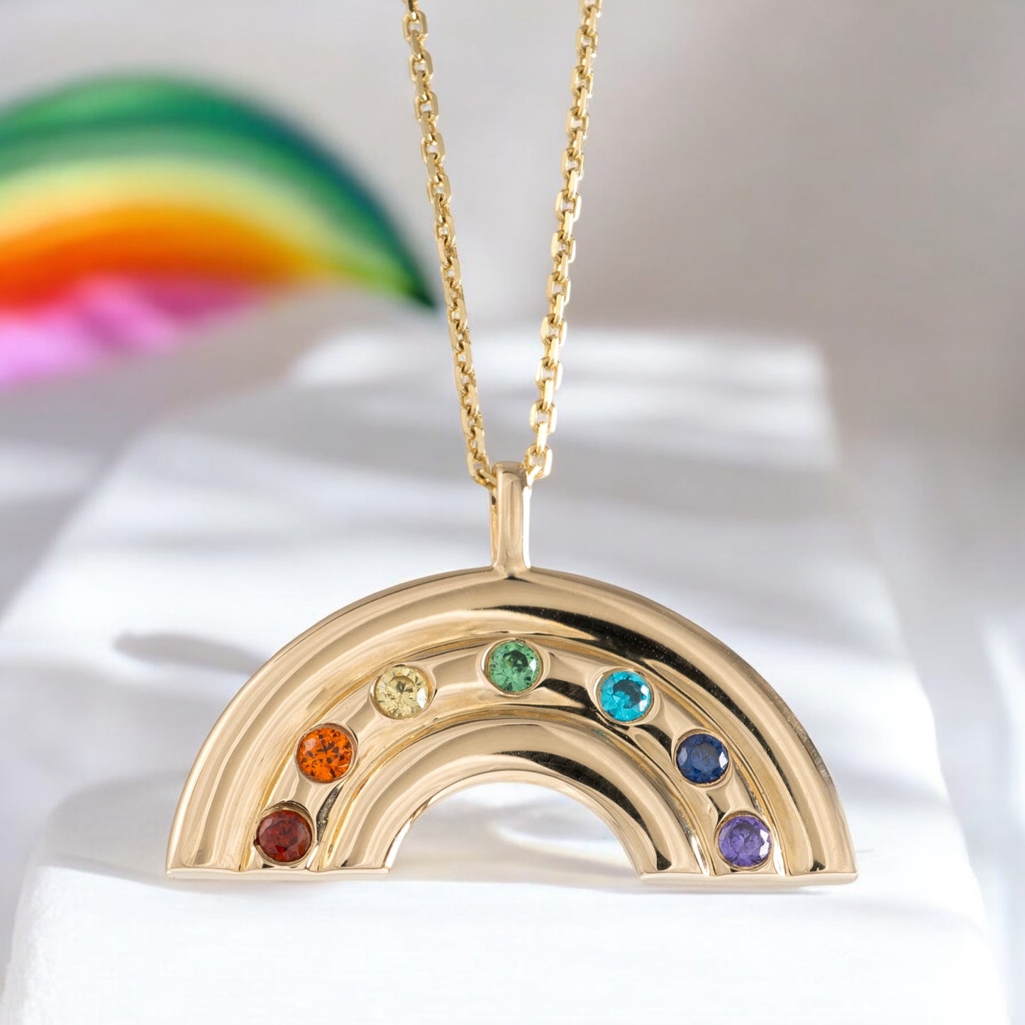 solid gold raimnbow necklace colour gemstones uplifting