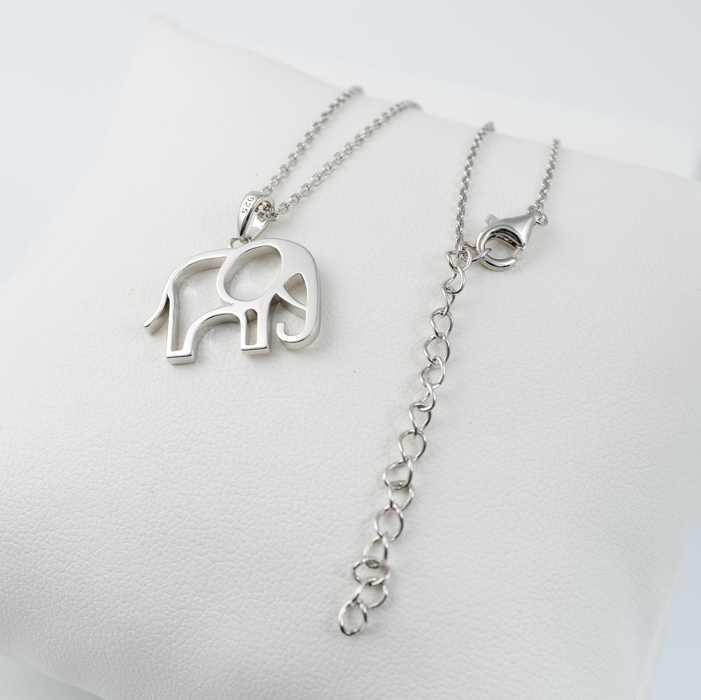 Sterling silver elephant necklace with extended chain and lobster clasp