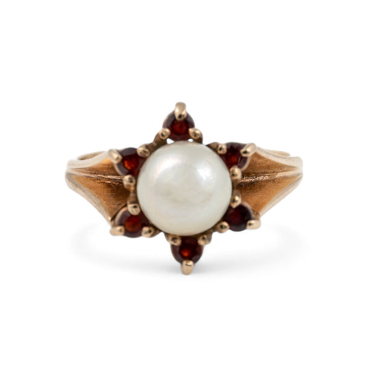 Vintage garnet and pearl ring in 9ct yellow gold by Hunters Fine Jewellery