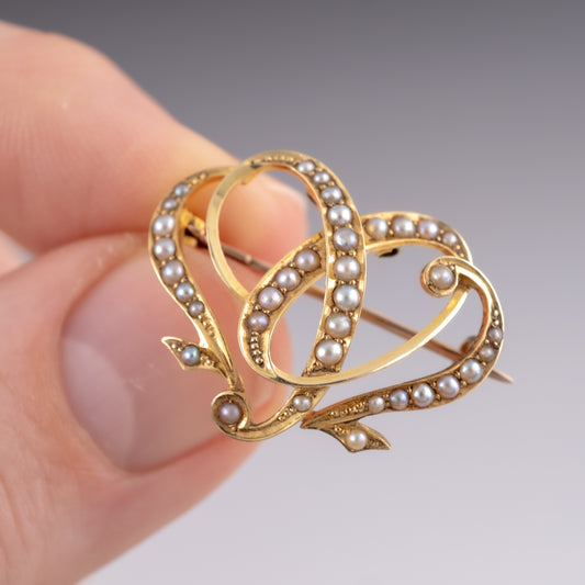 15ct Gold Art Nouveau Period Pearl Heart Brooch - Hunters Fine Jewellery