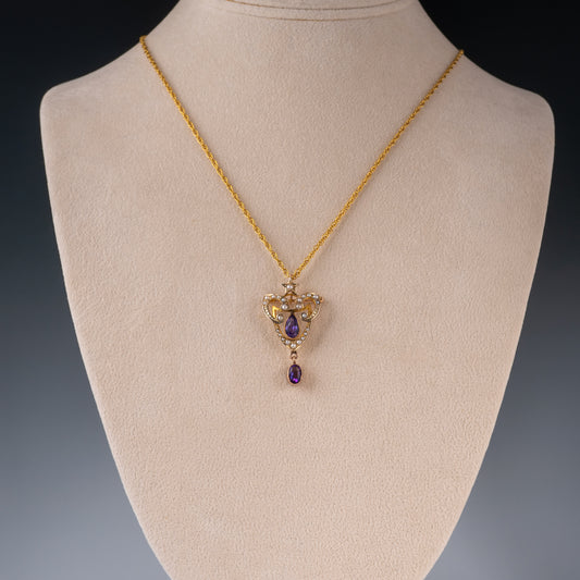 Antique 9ct Gold Amethyst & Pearl Pendant Brooch - Hunters Fine Jewellery