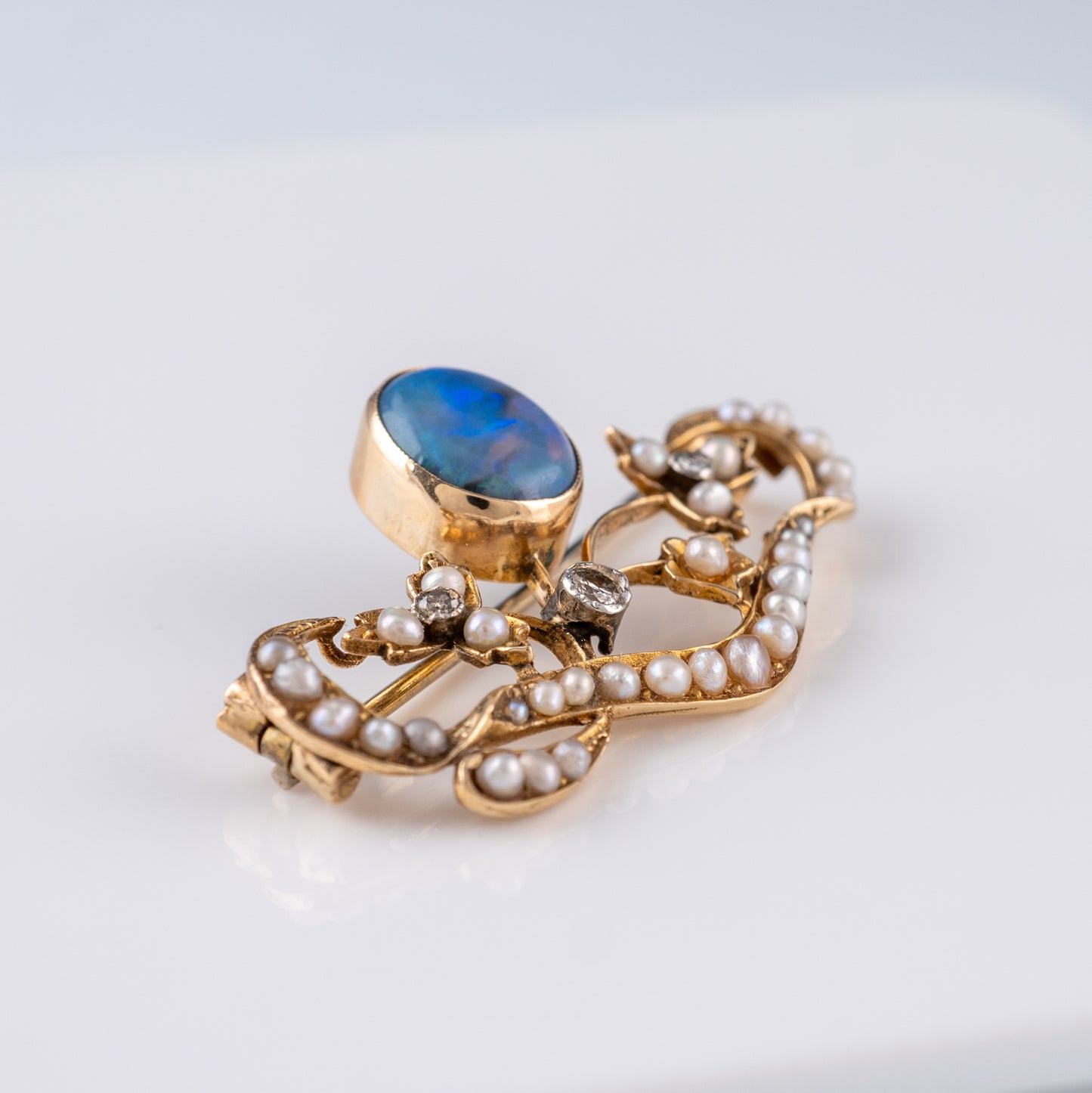 Art Nouveau Blue Opal Diamond Pearl Flowers Brooch 15ct Gold - Hunters Fine Jewellery