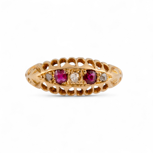 Antique ruby and diamond ring in 18ct gold, front view