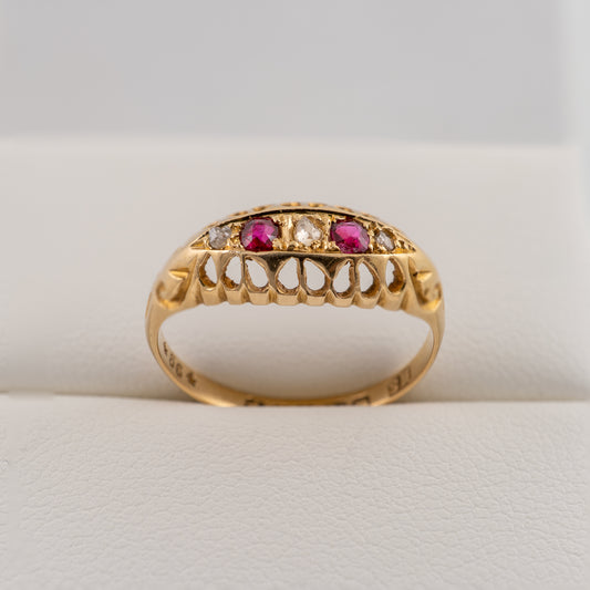 Top view of antique 18ct gold ruby and diamond ring