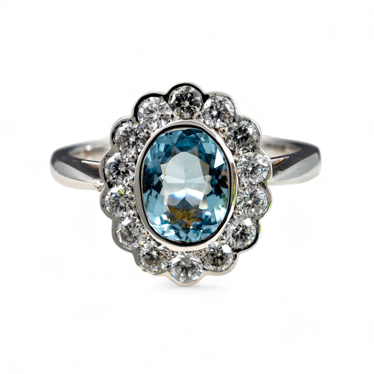 Aquamarine ring diamond halo white gold front view hunters fine jewellery