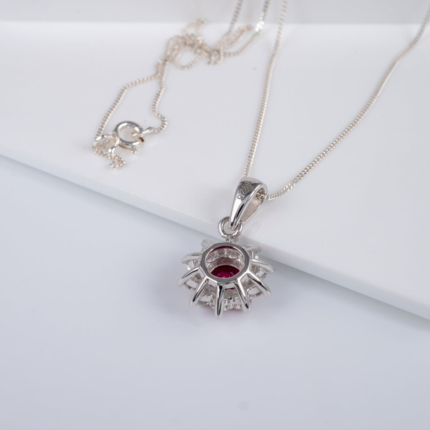silver pendant back view lab ruby gemstone