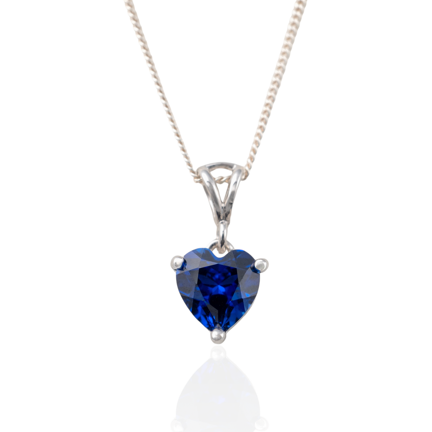 Blue sapphire heart necklace in sterling silver on chain – front view