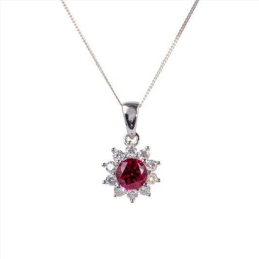 lab ruby halo necklace silver front hunters fine jewellery shop