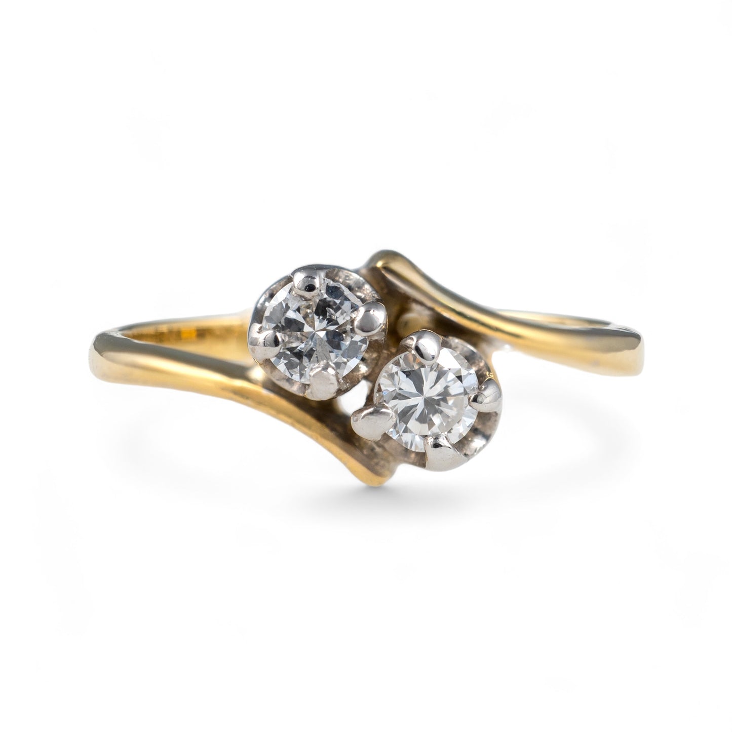 Diamond ring two stone twist yellow gold front hunters fine jewellery
