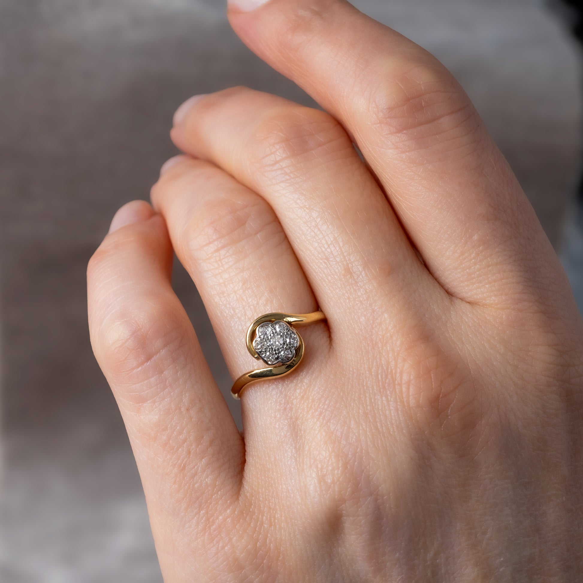 Vintage Diamond Flower Ring in 18ct Yellow Gold with Platinum Setting on Hand | Vintage Ring | Hunters Fine Jewellery