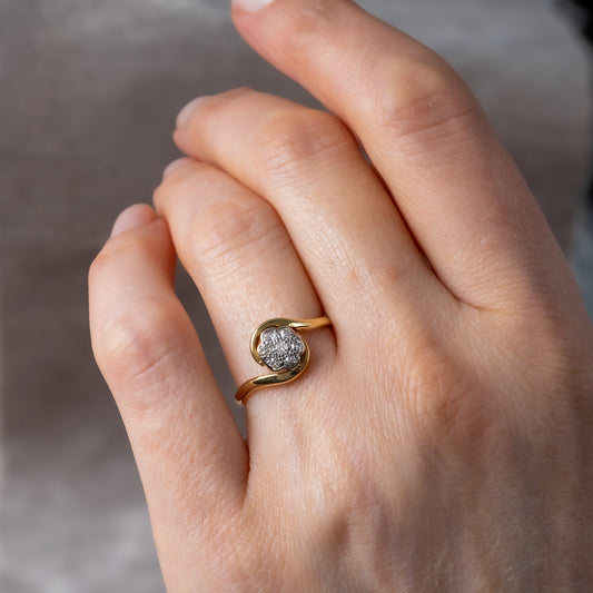 Vintage Diamond Flower Ring in 18ct Yellow Gold with Platinum Setting on Hand | Vintage Ring | Hunters Fine Jewellery