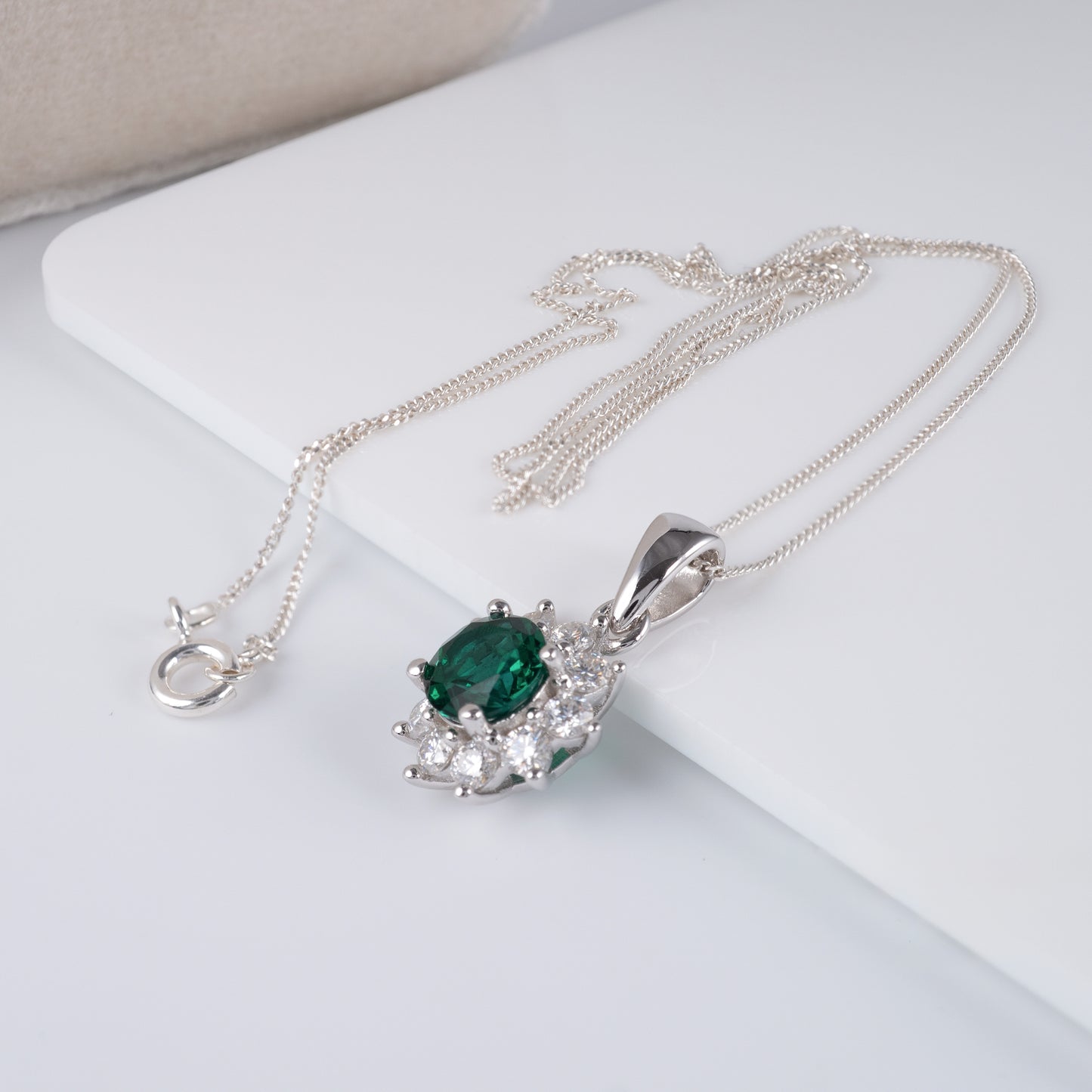 Lab Grown Emerald Necklace – Moissanite Halo on Adjustable Silver Chain