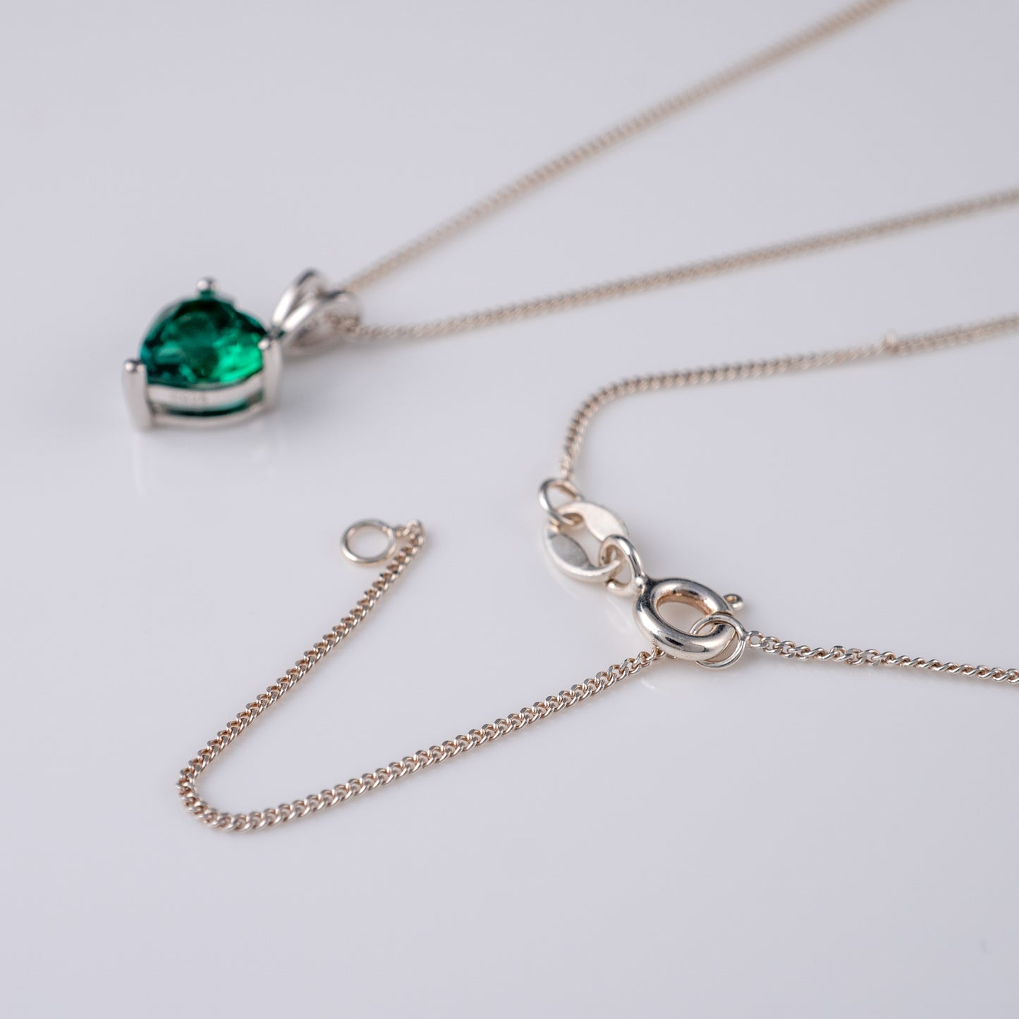 lab emerald heart necklace silver with extendable chain