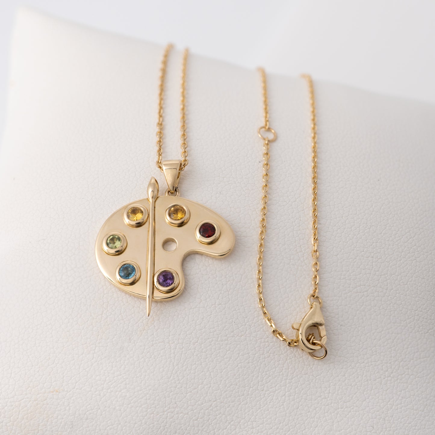Gold artist palette pendant with adjustable chain, 16-18 inches lobster clasp