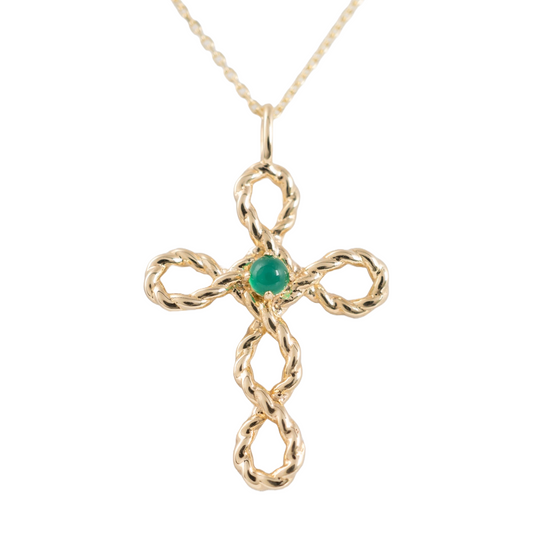 Gold cross necklace with green onyx cabochon – flat lay front view