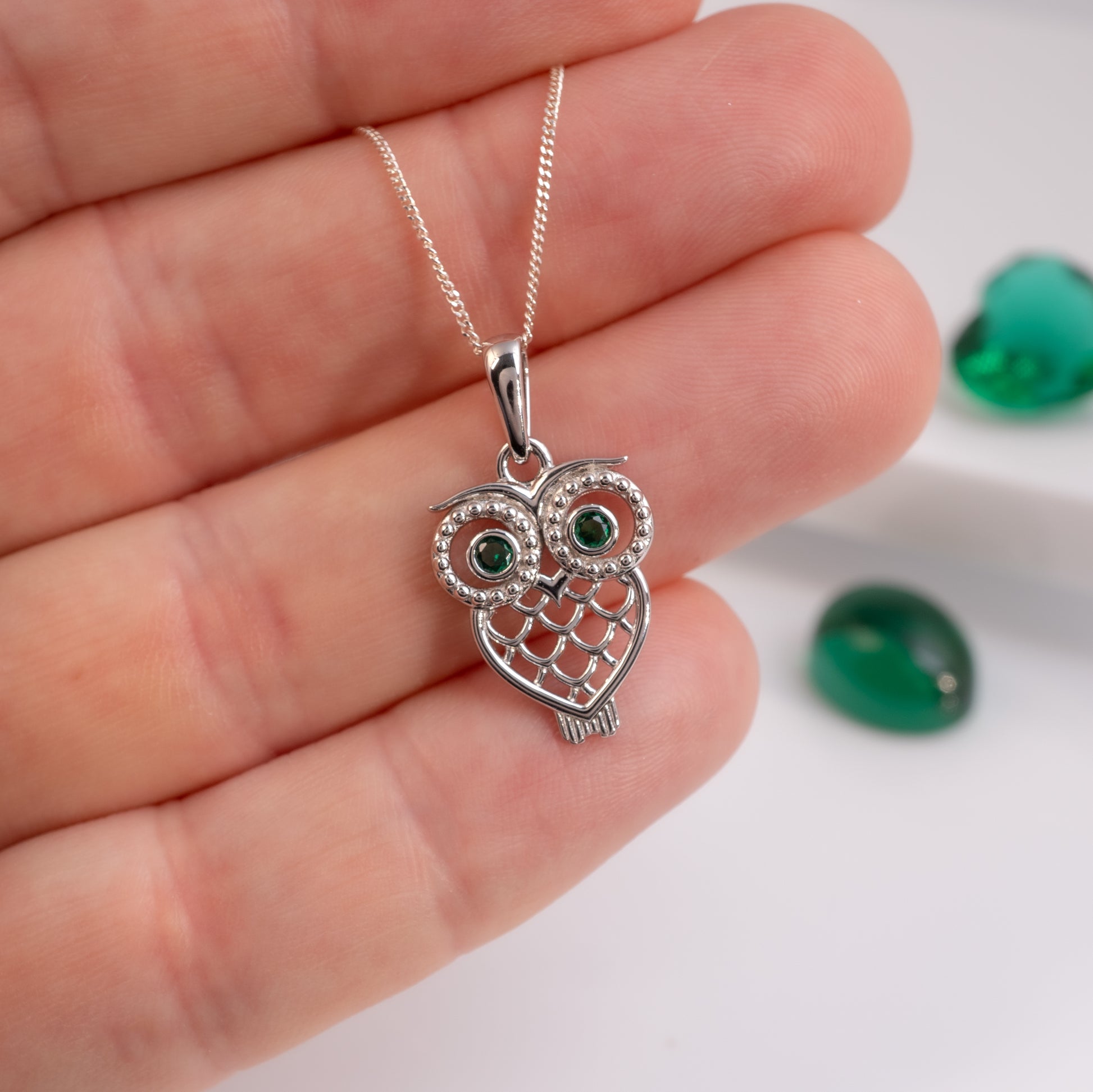 owl pendant emerald green eyes