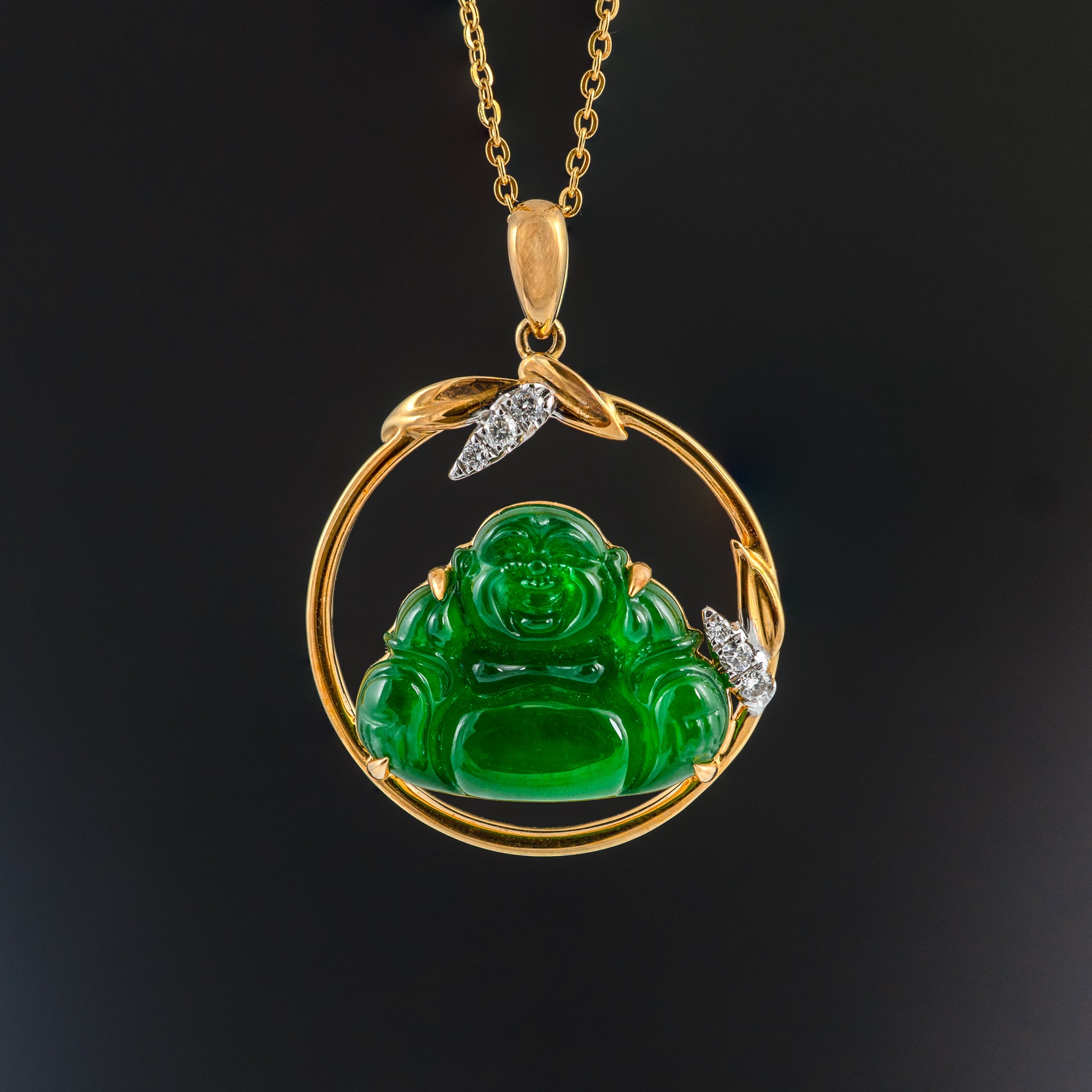 Real jadeite Buddha pendant – green Feicui jade set in 18ct gold