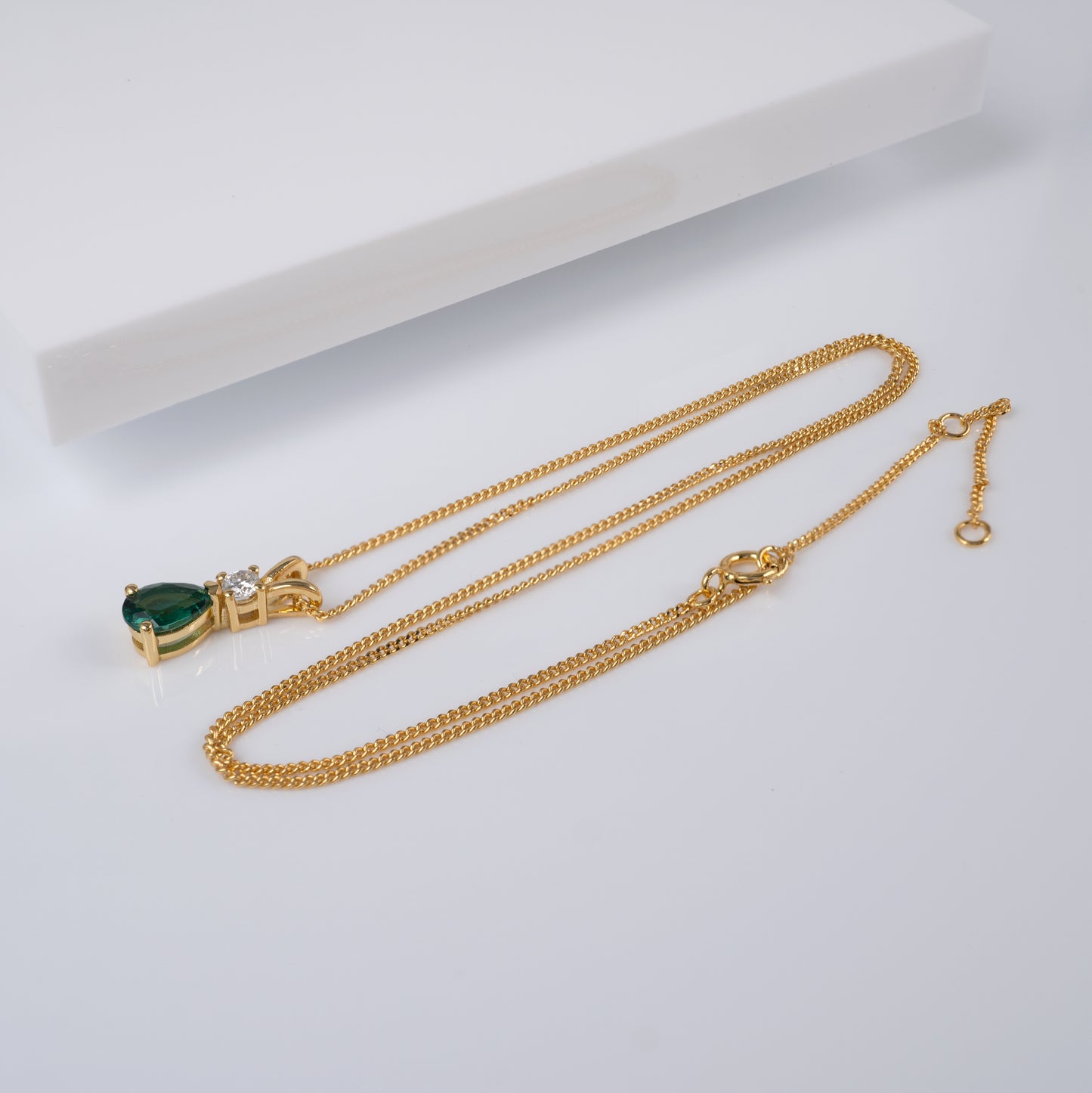 18ct Gold Vermeil Plated Silver Lab Emerald & Moissanite Teardrop Pendant + Adjustable Curb Chain - Hunters Fine Jewellery