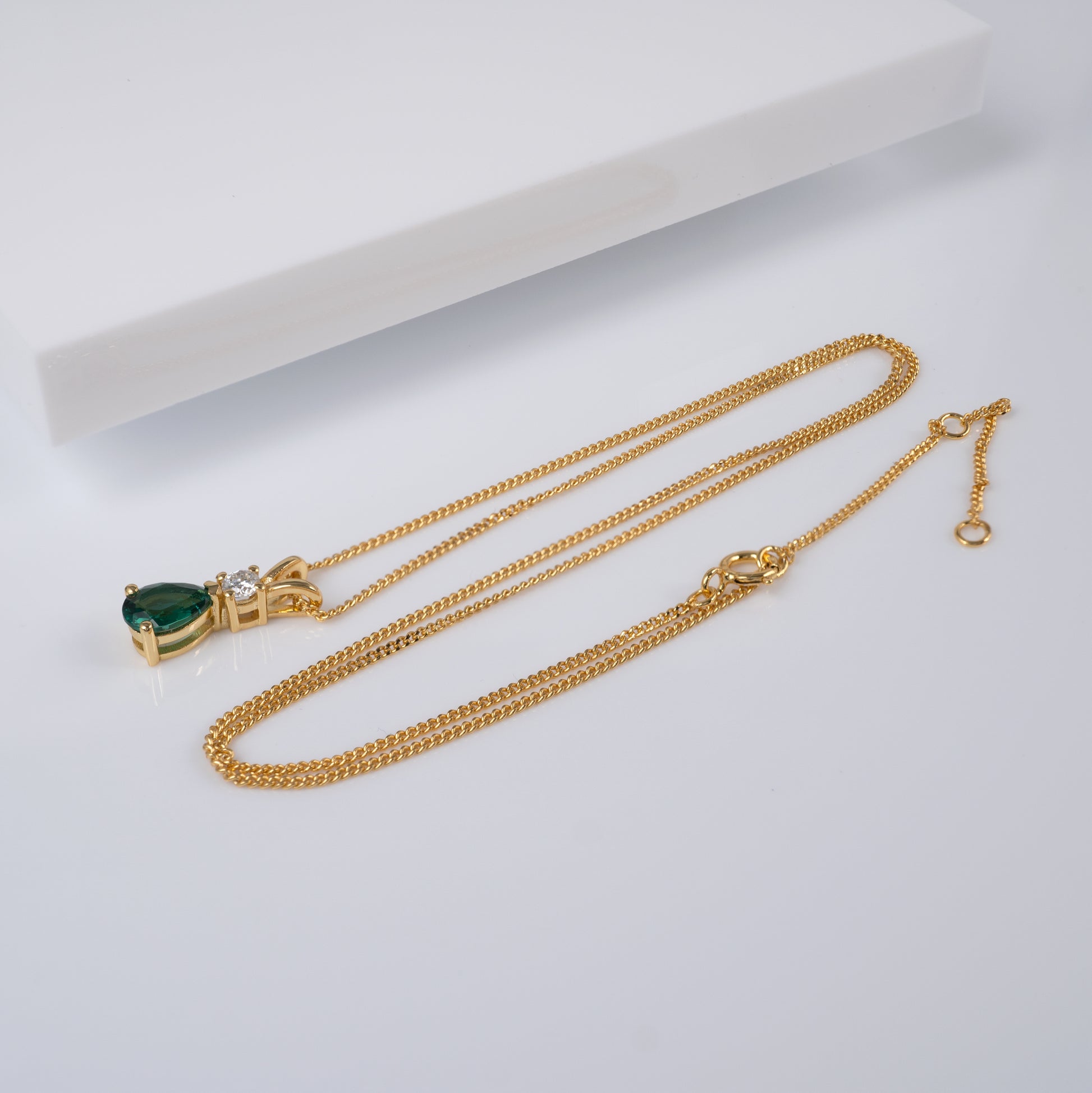 18ct Gold Vermeil Plated Silver Lab Emerald & Moissanite Teardrop Pendant + Adjustable Curb Chain - Hunters Fine Jewellery