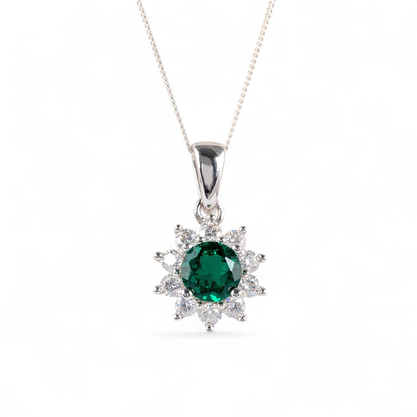 Lab grown emerald necklace with moissanite halo – front view on white background