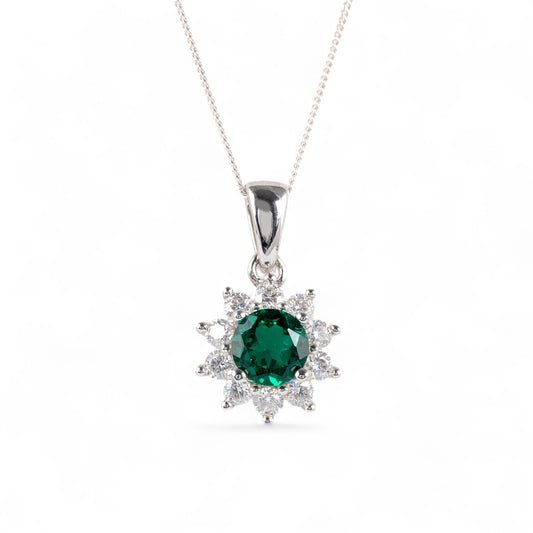 Lab grown emerald necklace with moissanite halo – front view on white background