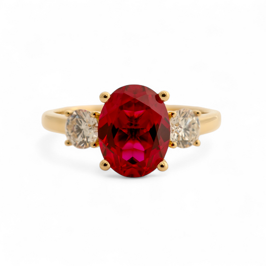 Lab grown ruby ring in 9ct yellow gold, front view