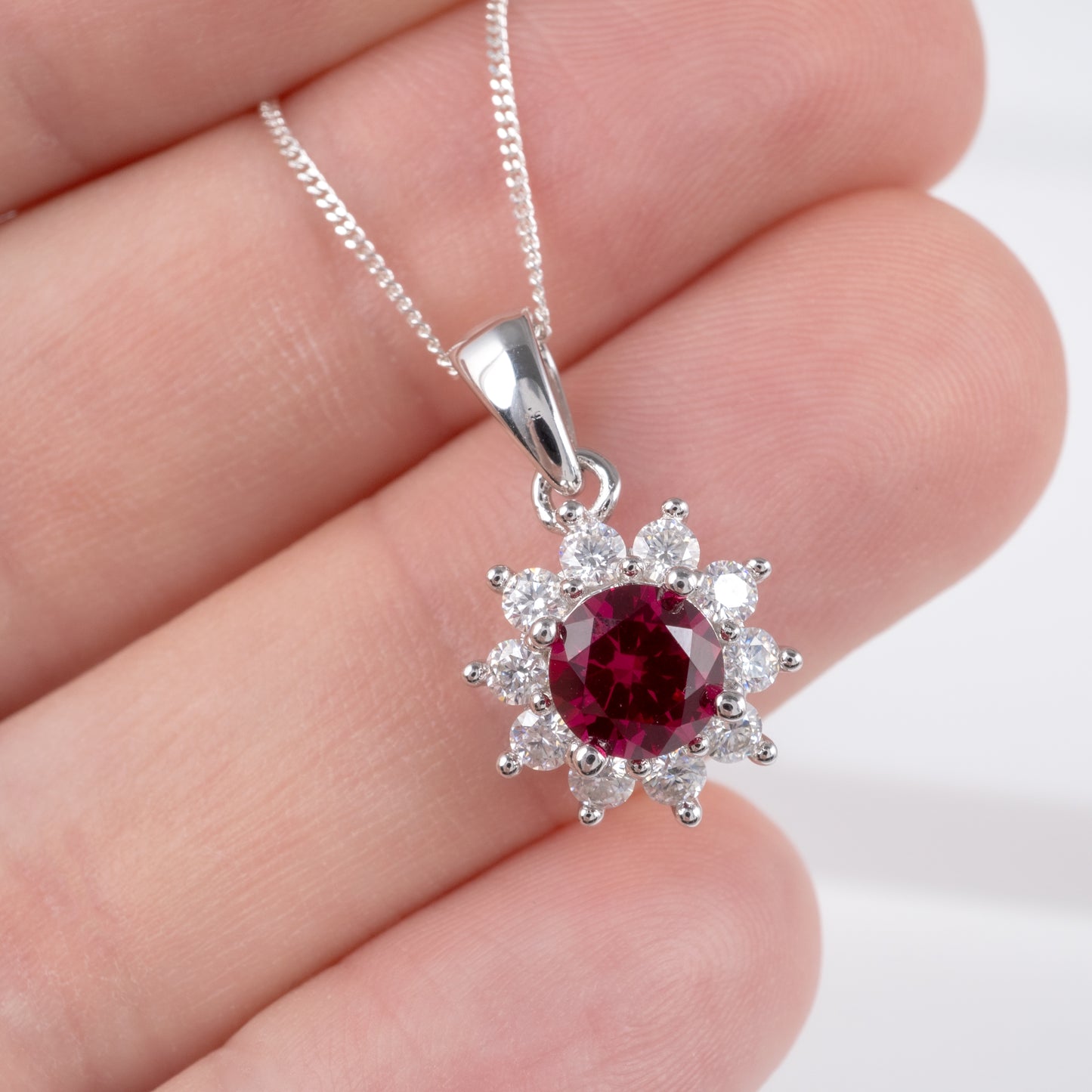 genuine lab grown ruby necklace with moissanite halo