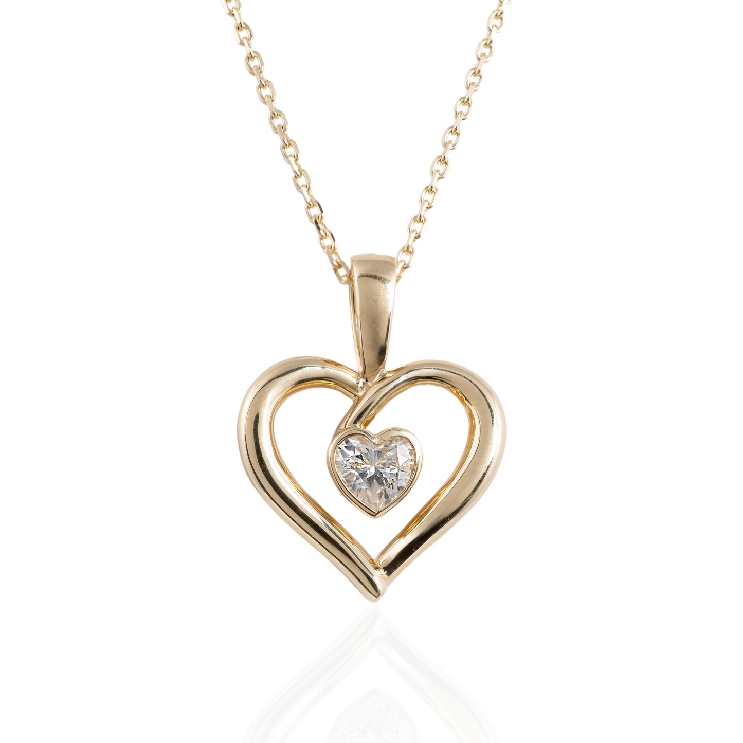 Moissanite heart necklace in 9ct gold – front view on white