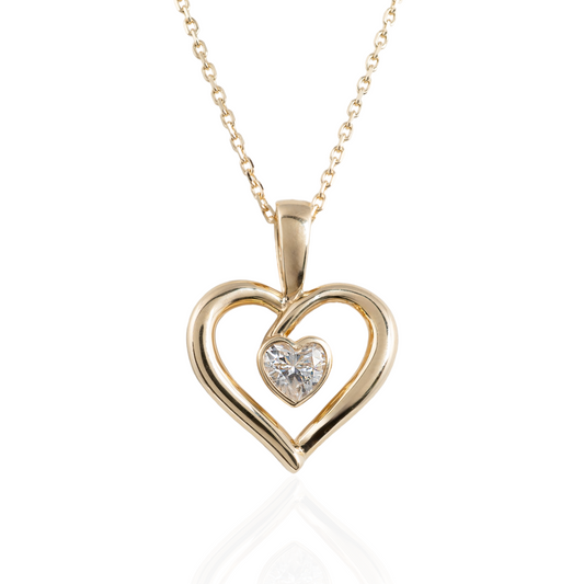 Moissanite heart necklace in 9ct gold – front view on white