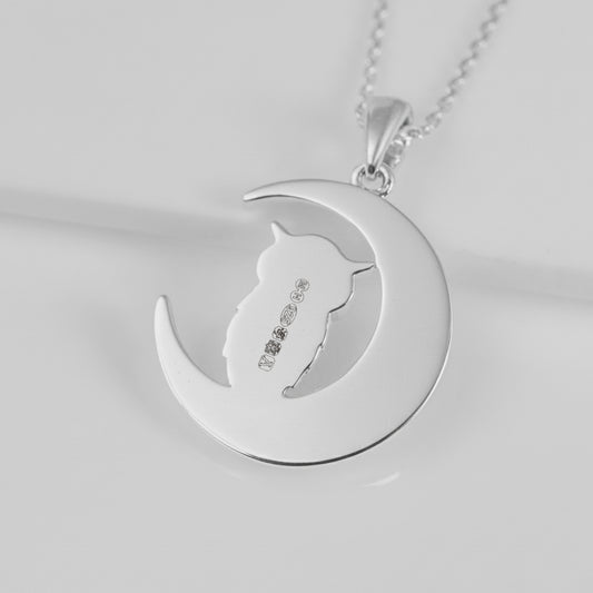 Silver necklace with a crescent moon showing Edinburgh assay hallmarks on the smooth flat reverse side