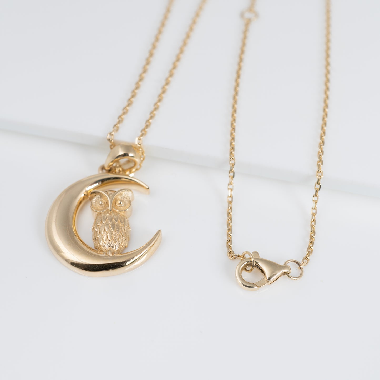 Solid gold owl pendant with moon crescent and 16–18 inch chain