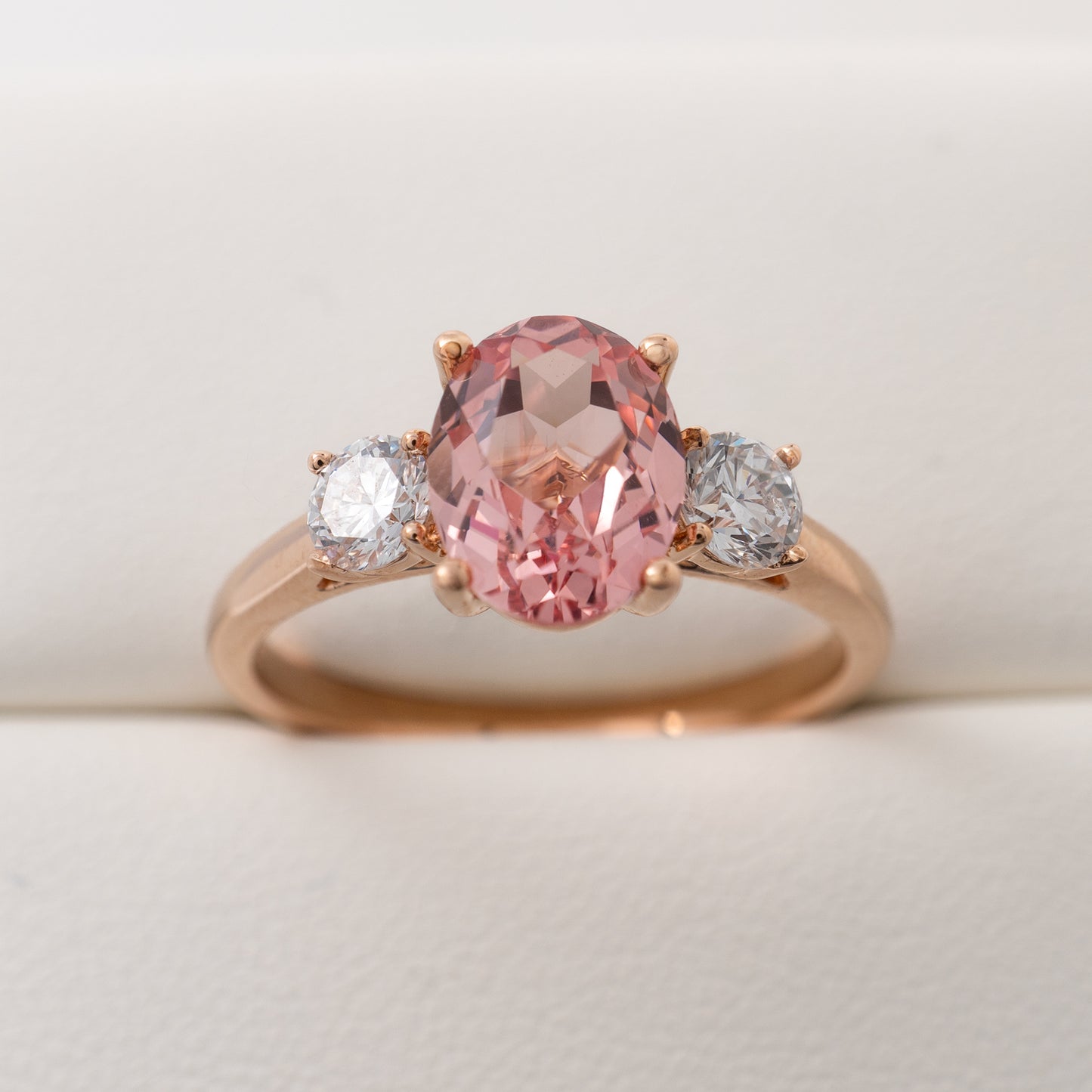 Three stone lab created padparadscha sapphire ring with lab diamonds – Hunters Fine Jewellery