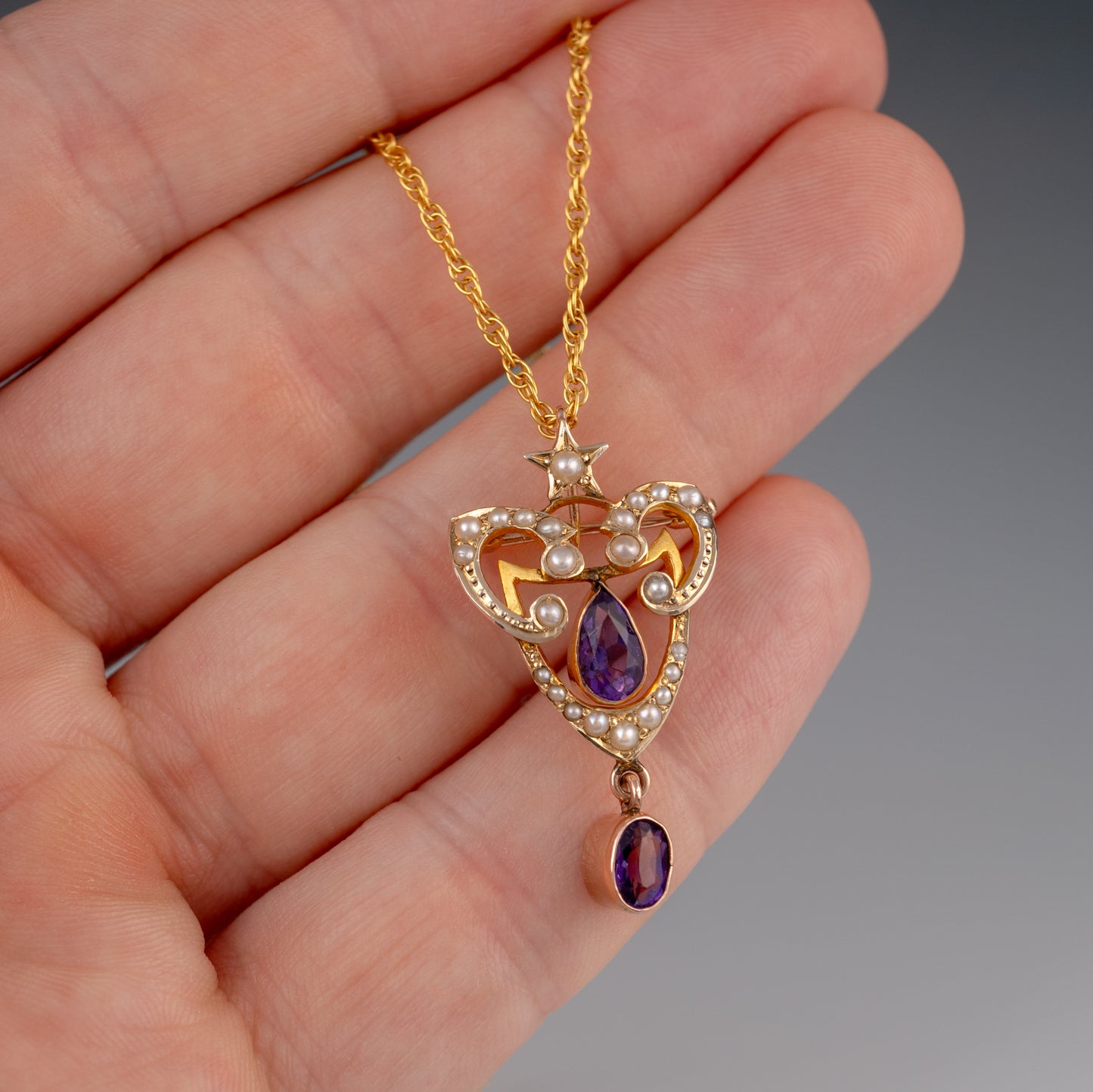 Antique 9ct Gold Amethyst & Pearl Pendant Brooch - Hunters Fine Jewellery