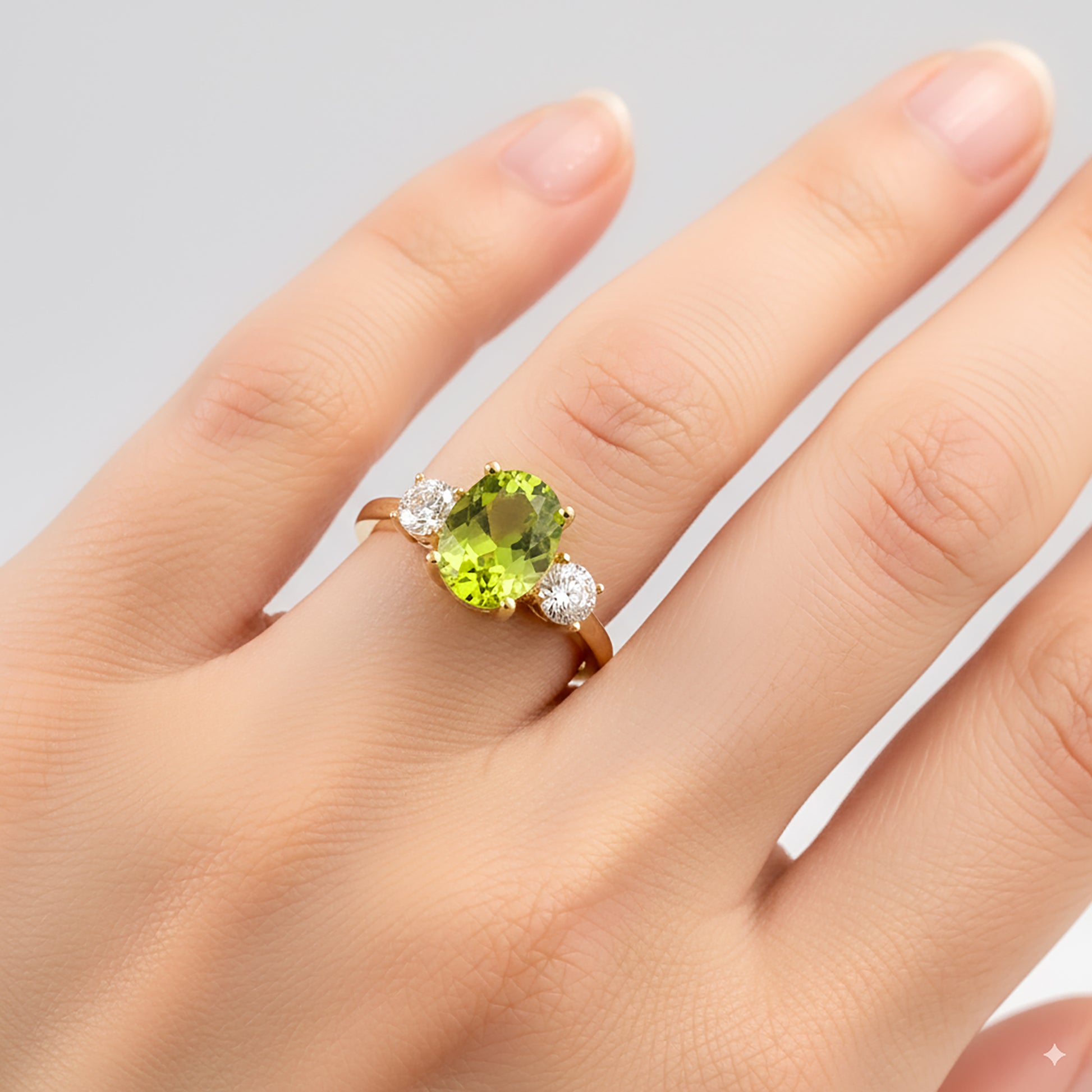 Peridot ring with diamonds on a hand against a neutral background