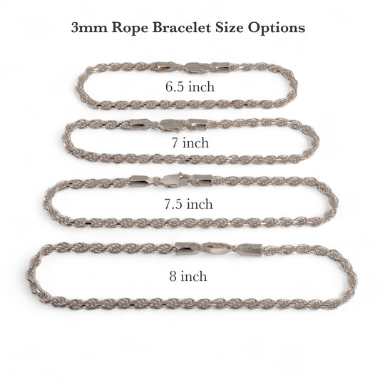 3mm silver rope bracelet size guide showing 6.5 to 8 inch options