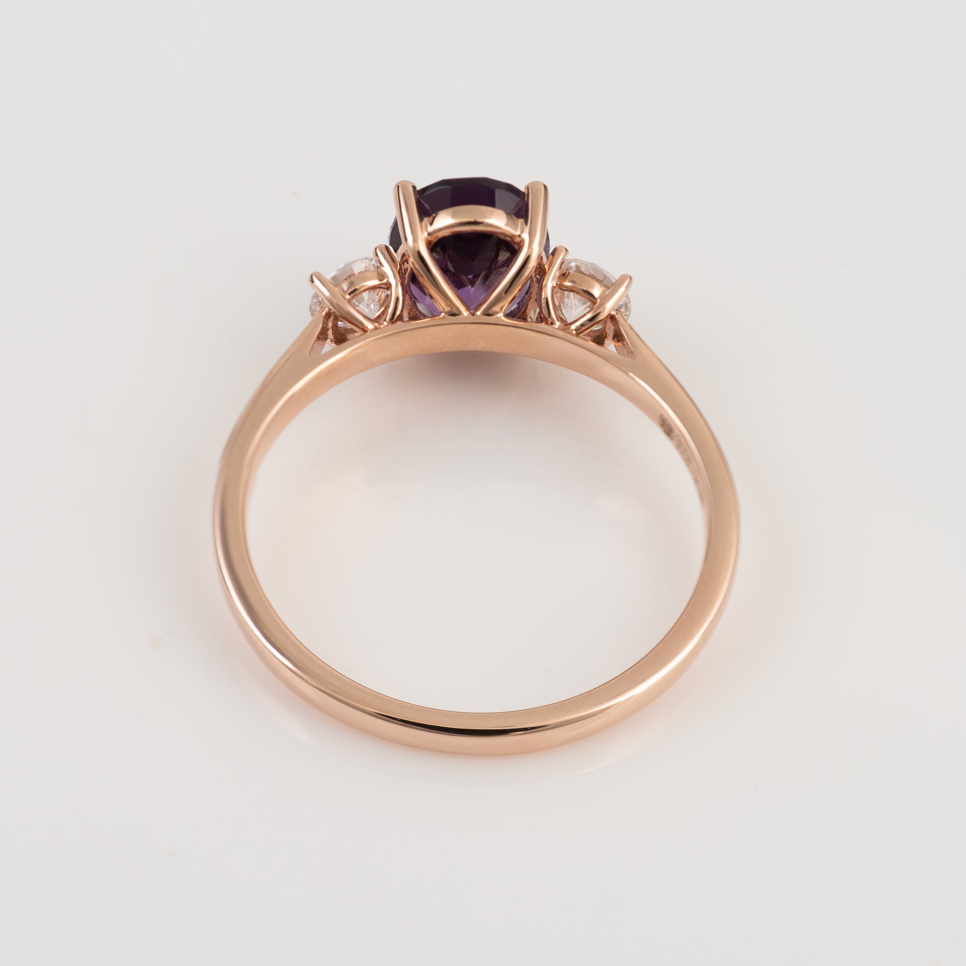 Back of amethyst ring gold showing full 9ct rose gold band