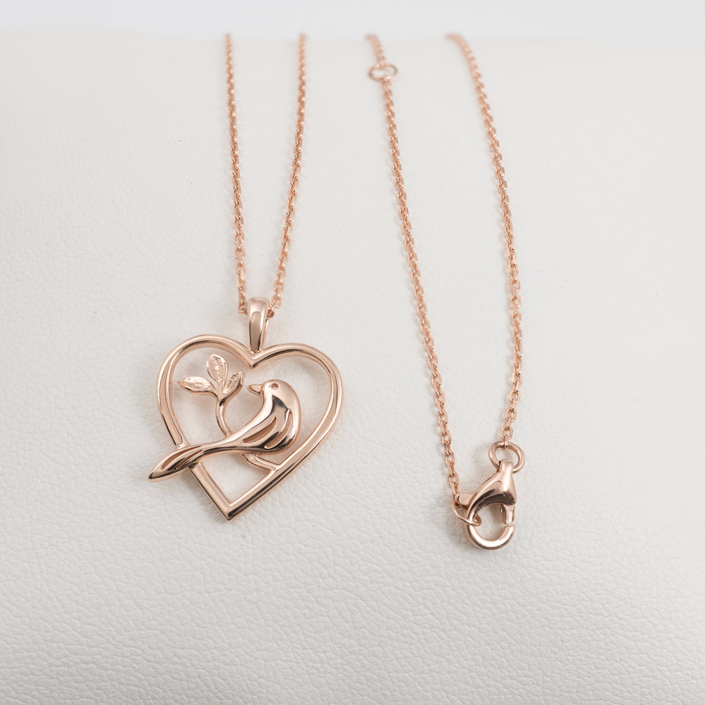 rose gold bird in heart necklace chain with lobster clasp