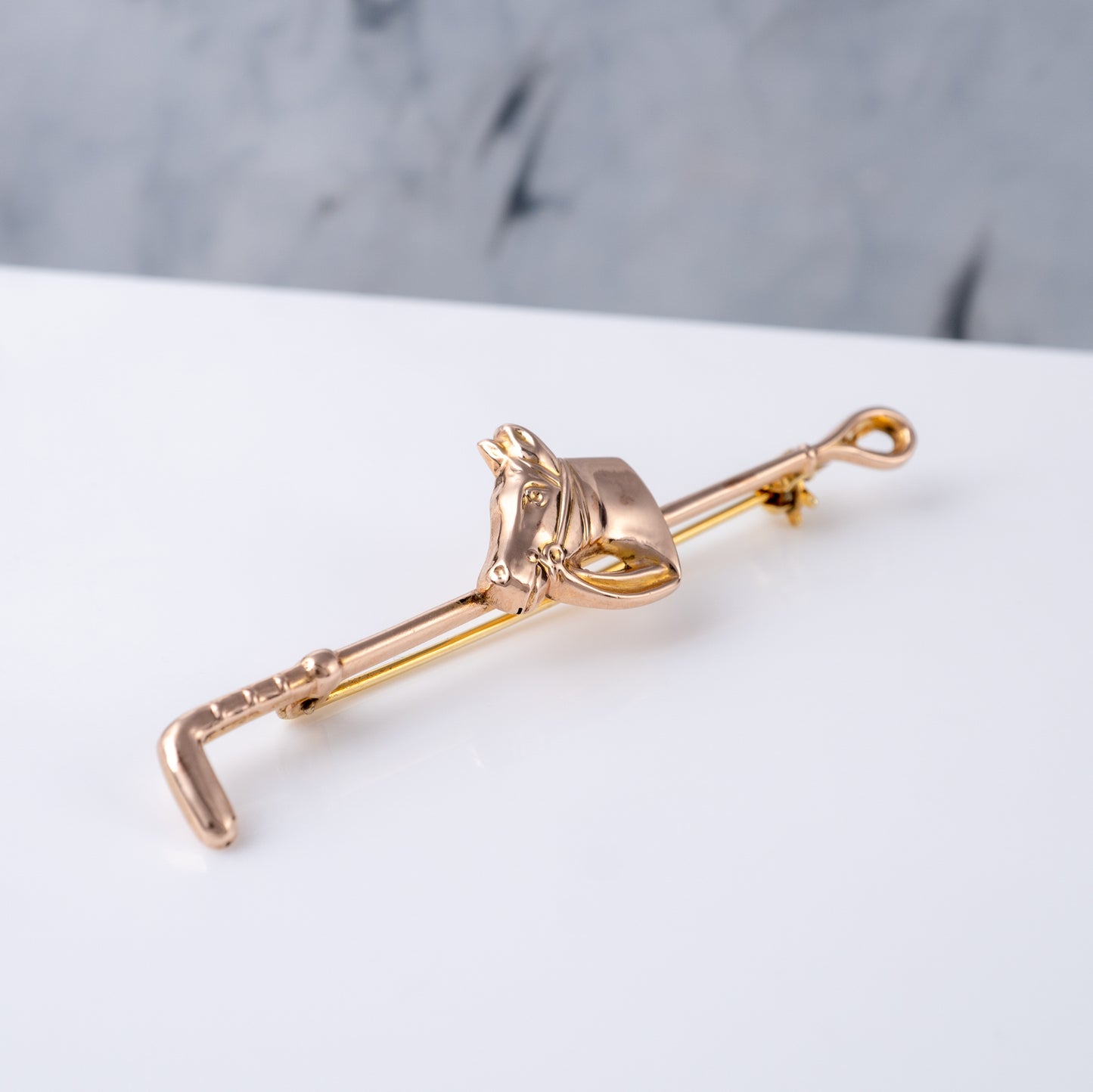 Pre Loved 14ct Rose Gold Horse & Crop Equestrian Brooch Stock Pin - Hunters Fine Jewellery