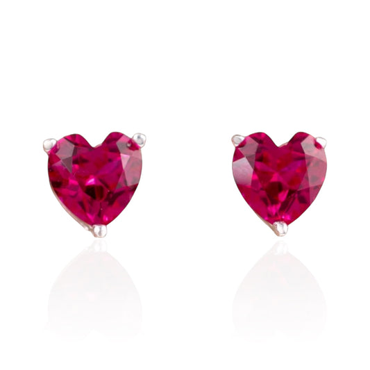 Ruby heart earrings in sterling silver – front view