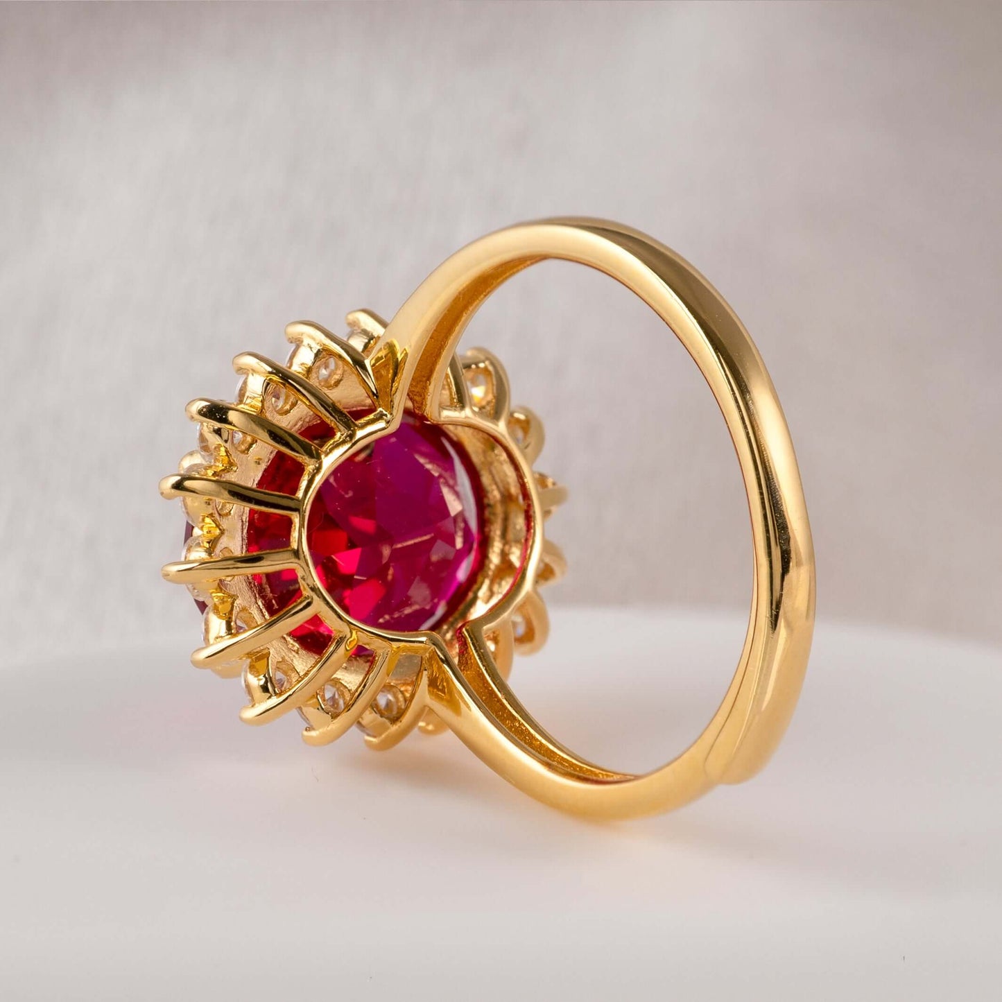 Gold vermeil ruby ring with moissanite halo – back setting view